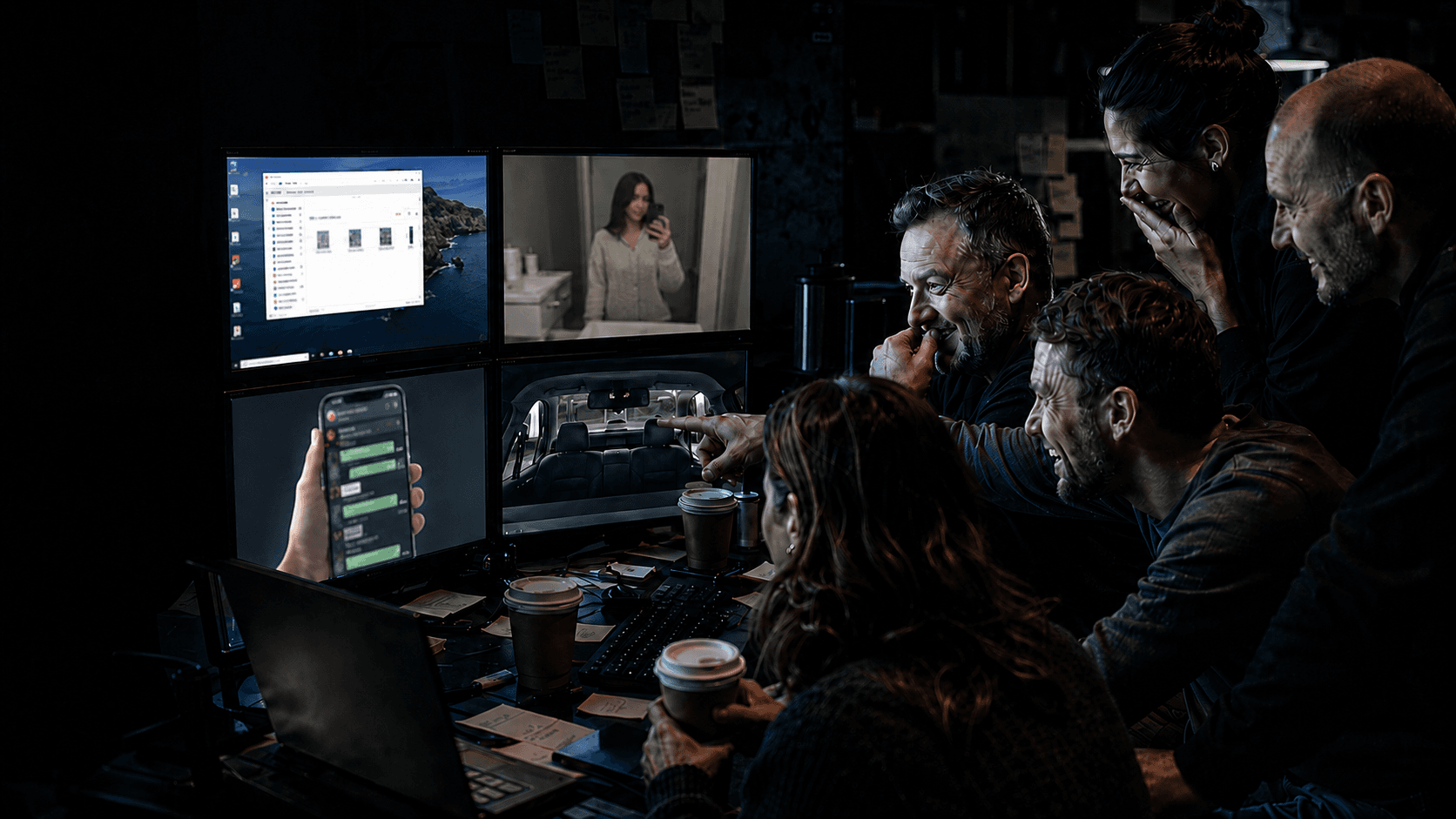 People laughing while watching private screens and device footage